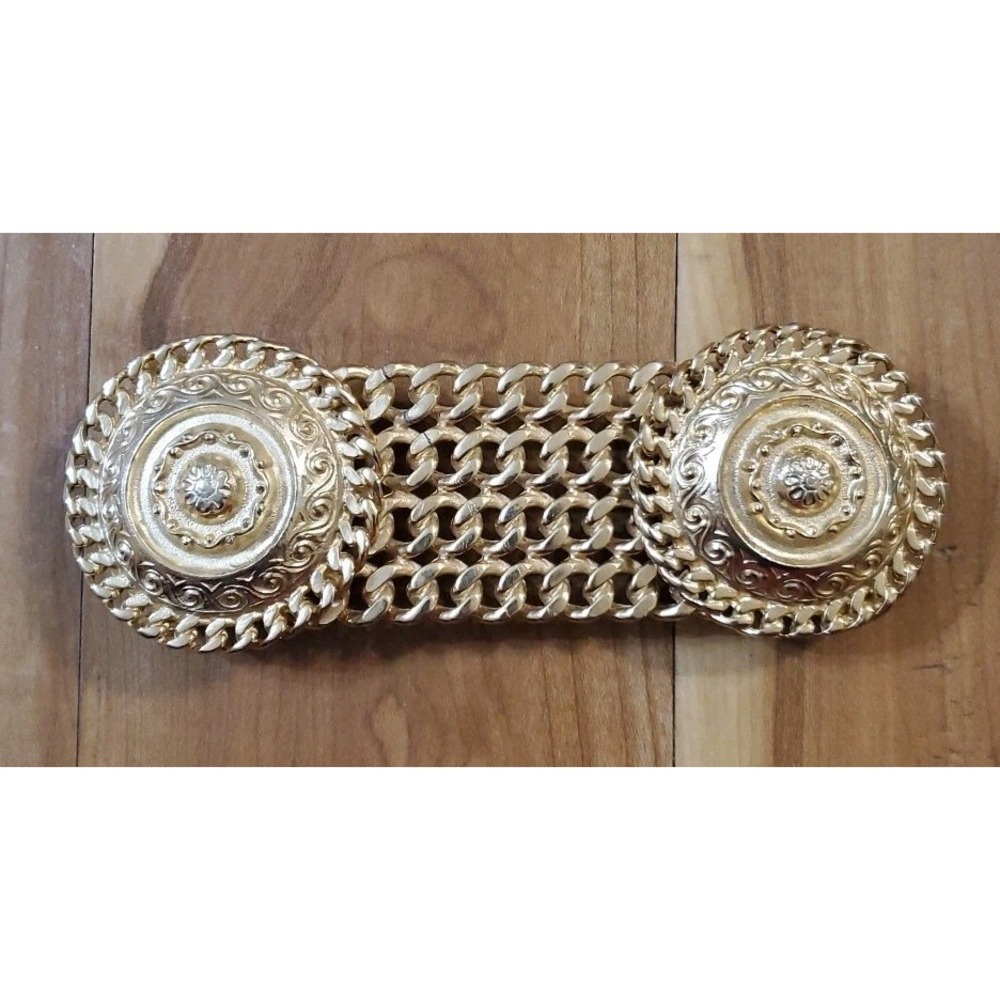 Mimi Di N VTG 1989 Belt Buckle Gold Tone Circle Scroll Filigree with Chain Link